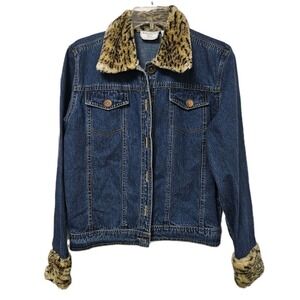 IKON CLOTHING Denim Trucker Jacket Women Sm Blue Faux Fur Leopard Trim Cotton